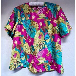 Vintage Jack Mulqueen Silk Tropical 80s Floral Hawaiian Top Medium Pink Boho